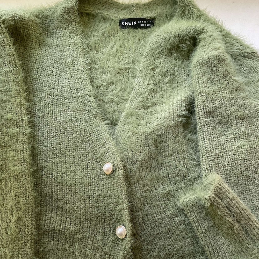 Olive Green Fuzzy Button Up Cardigan